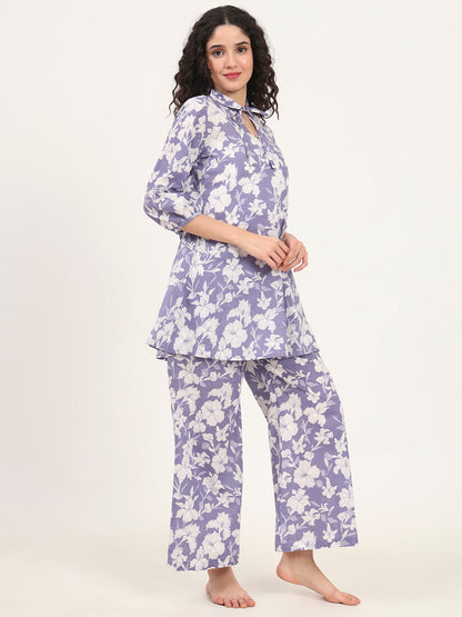 Blue Cotton Night Suit with a Collared Shirt
