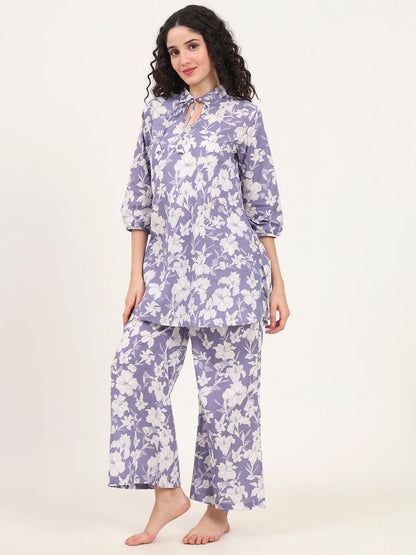 Blue Cotton Night Suit with a Collared Shirt
