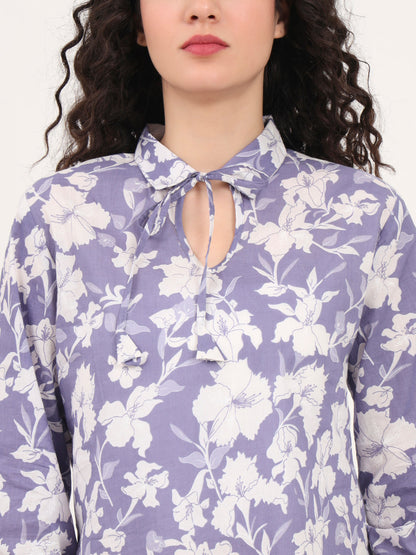 Blue Cotton Night Suit with a Collared Shirt