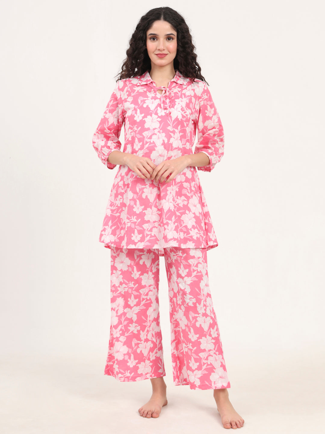 Pink Shirt Coller Cotton Night Suits