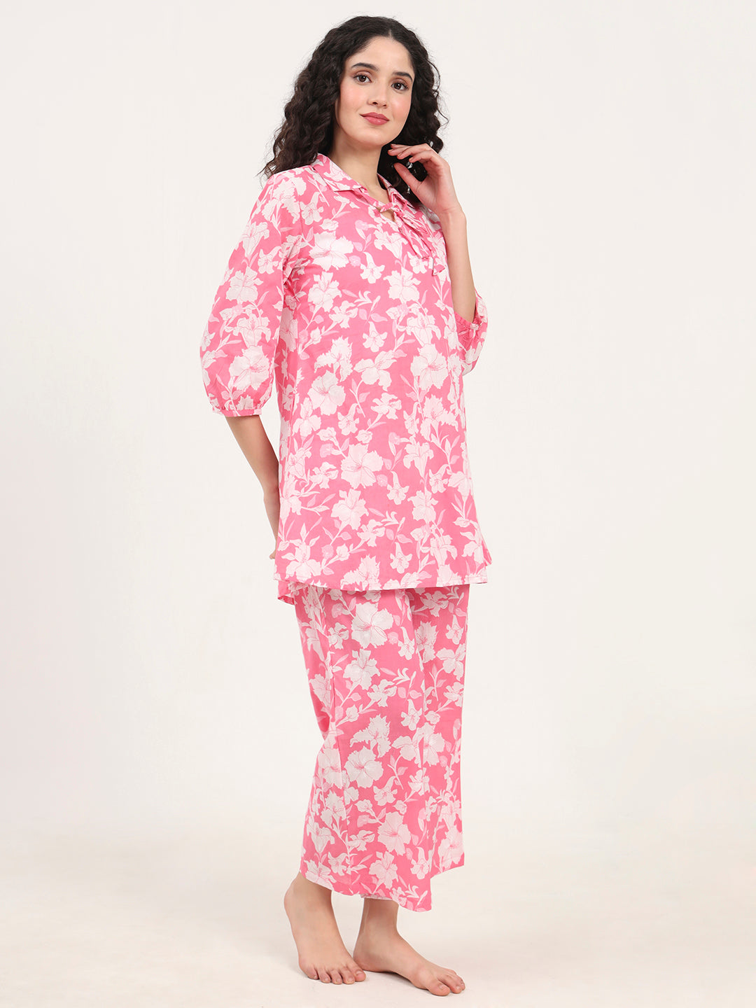 Pink Shirt Coller Cotton Night Suits