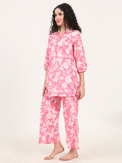 Pink Shirt Coller Cotton Night Suits