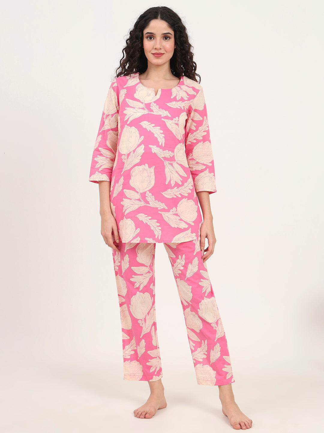 Pink Round Neck Cotton Night Suits