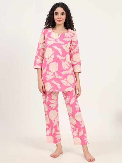Pink Round Neck Cotton Night Suits