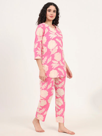 Pink Round Neck Cotton Night Suits