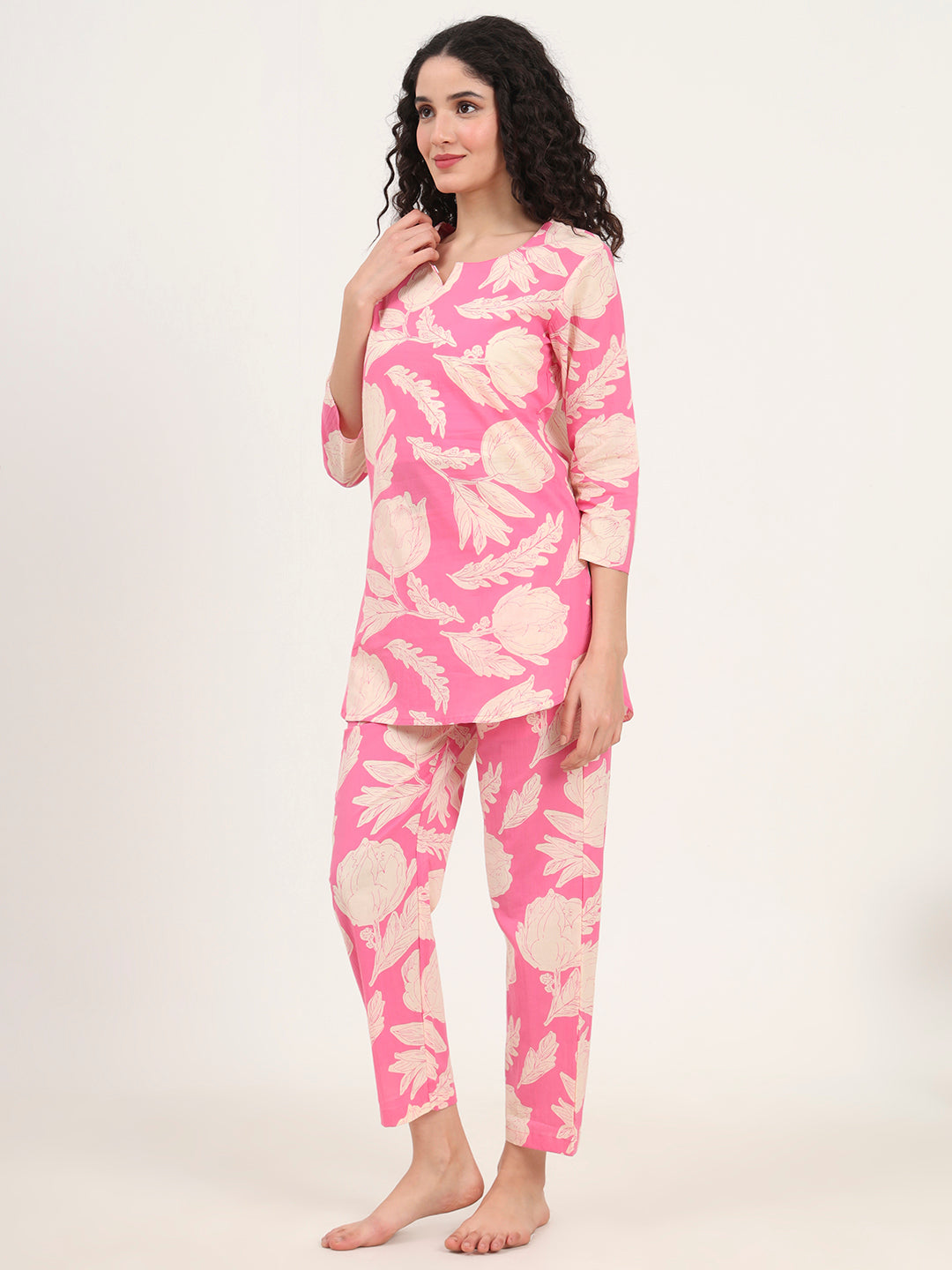 Pink Round Neck Cotton Night Suits