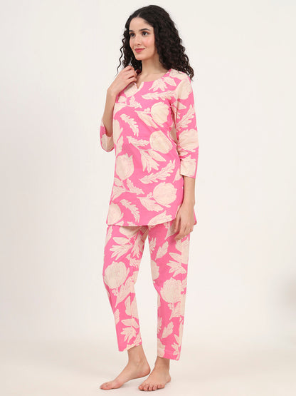 Pink Round Neck Cotton Night Suits