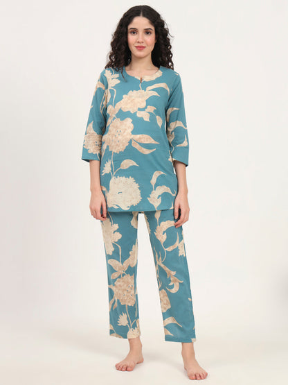 Teal Blue Round Neck Cotton Night Suit