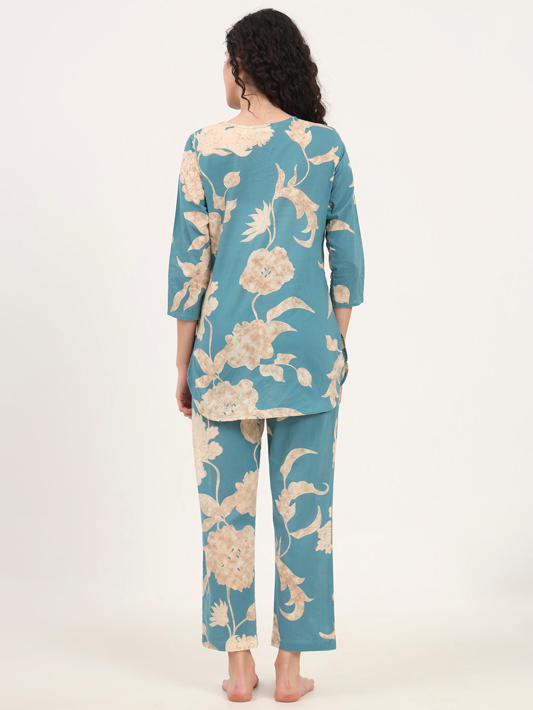 Teal Blue Round Neck Cotton Night Suit