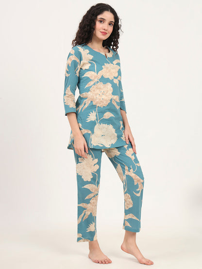 Teal Blue Round Neck Cotton Night Suit