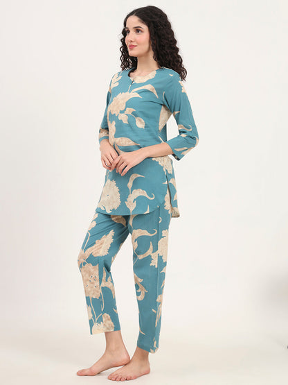 Teal Blue Round Neck Cotton Night Suit