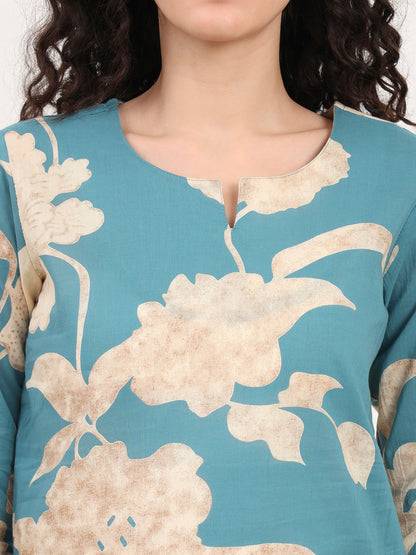 Teal Blue Round Neck Cotton Night Suit