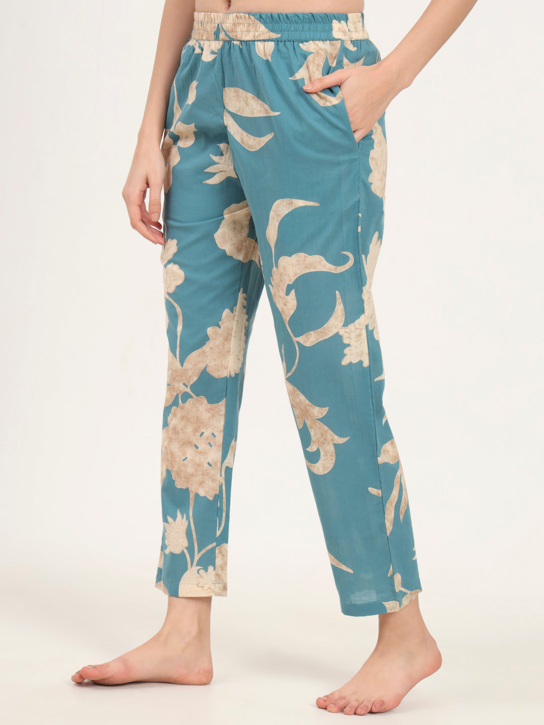 Teal Blue Round Neck Cotton Night Suit