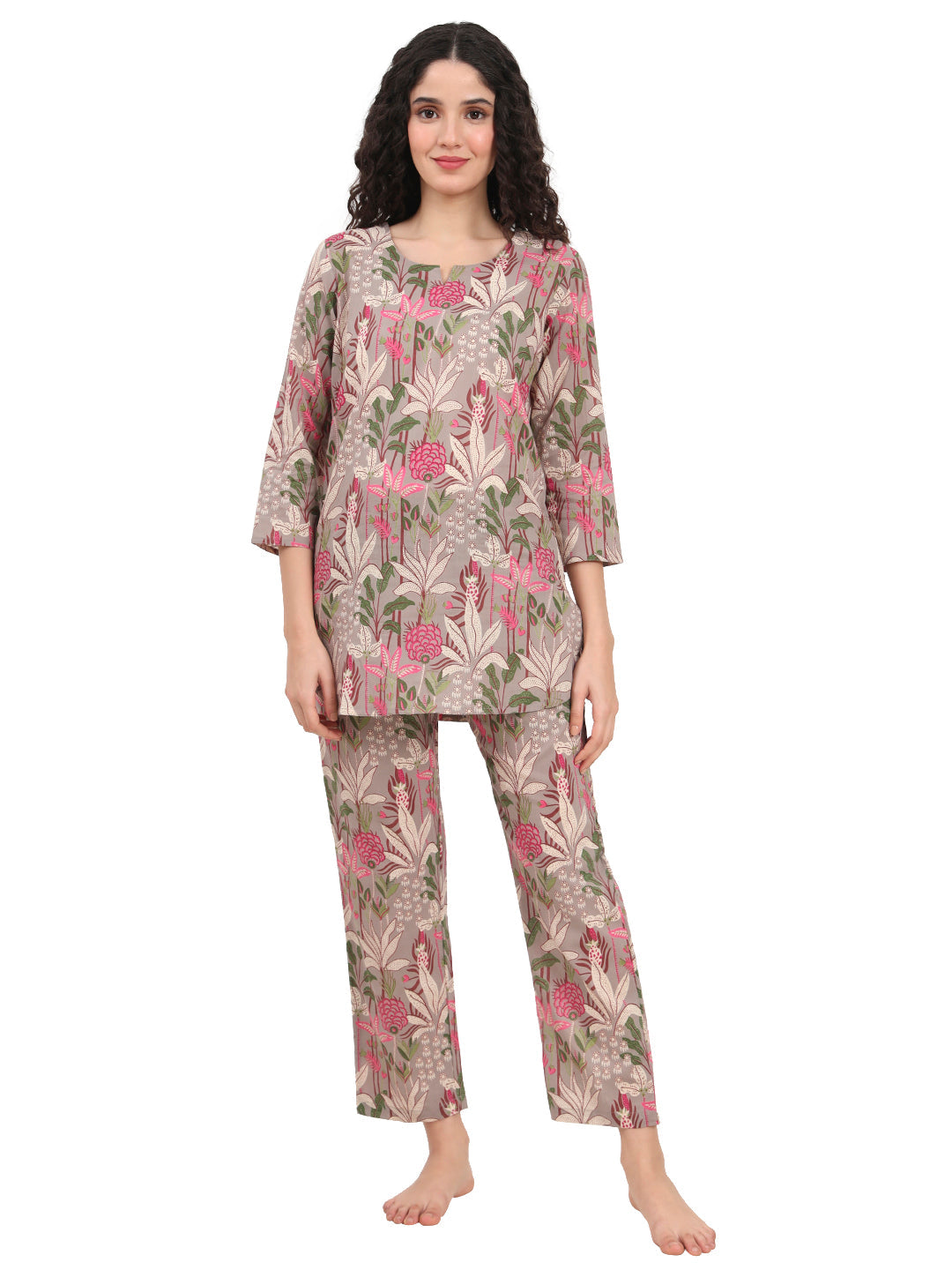 Gray Round Neck Cotton Night Suit