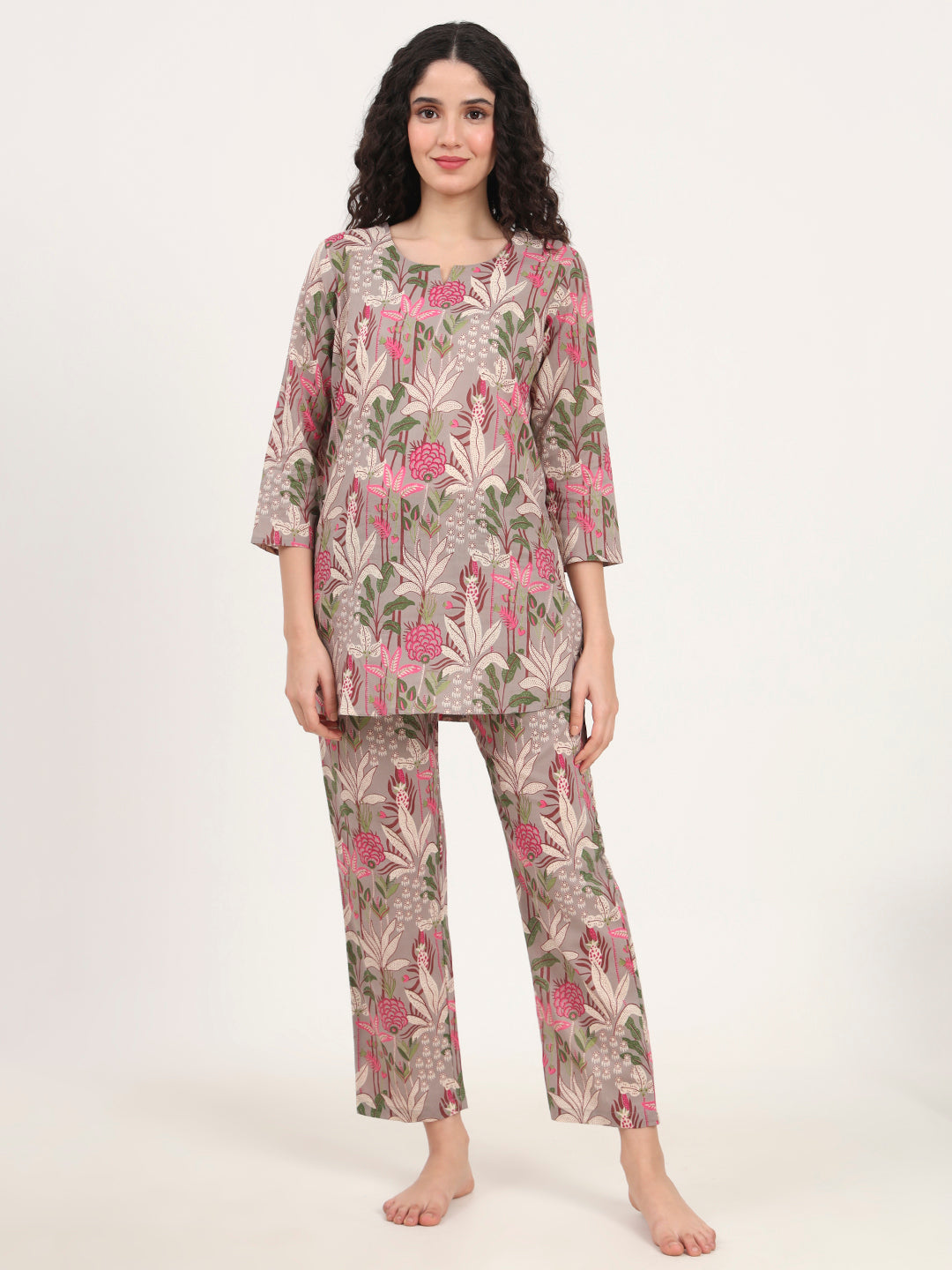 Gray Round Neck Cotton Night Suit