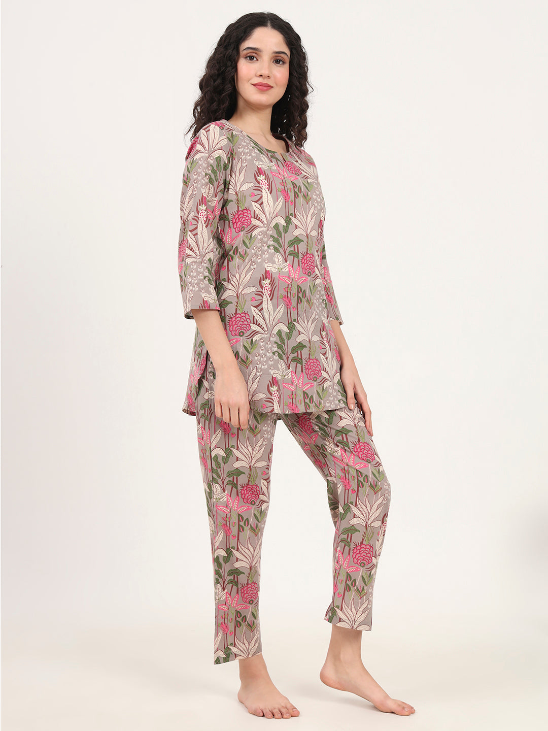 Gray Round Neck Cotton Night Suit