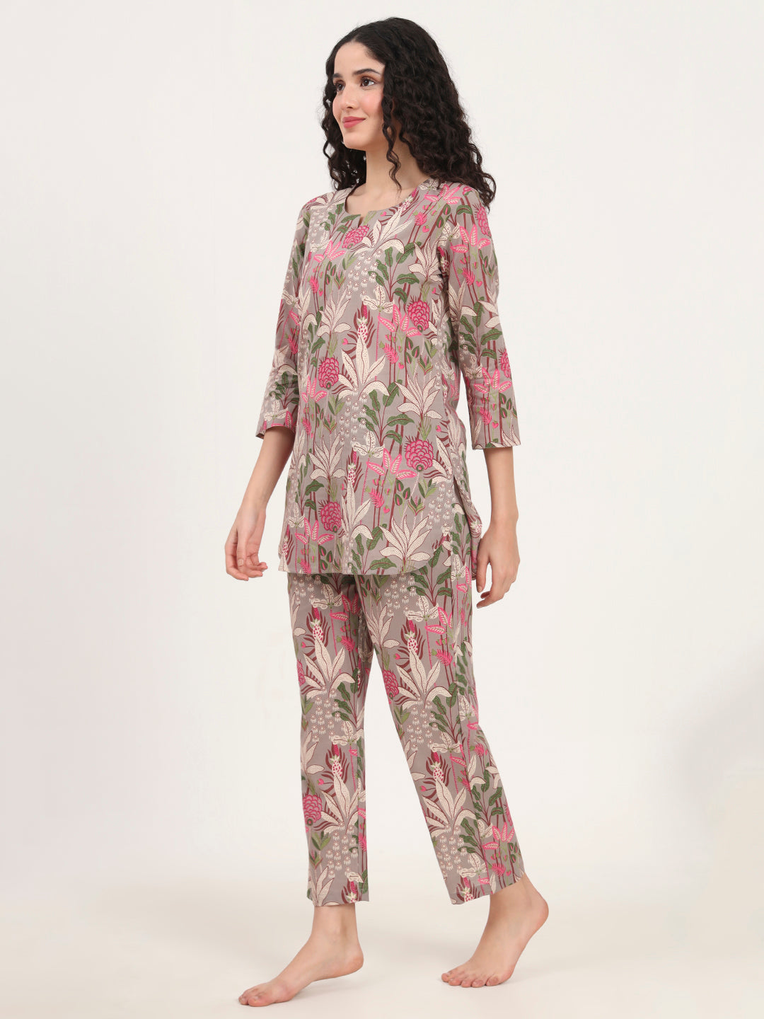 Gray Round Neck Cotton Night Suit