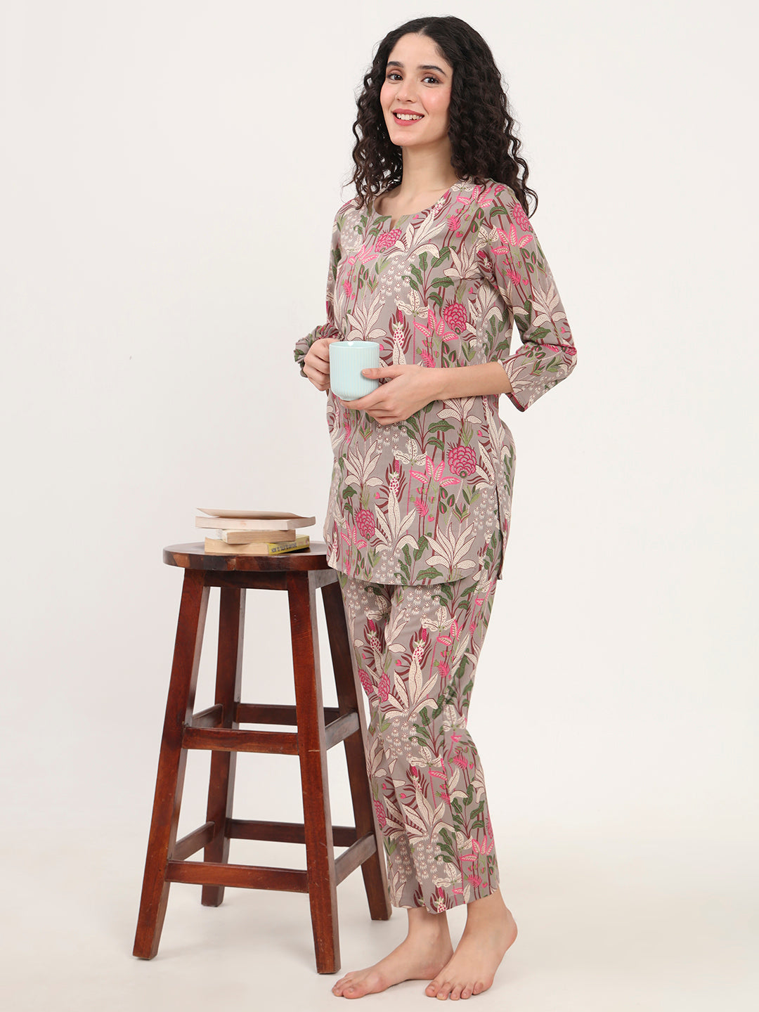 Gray Round Neck Cotton Night Suit