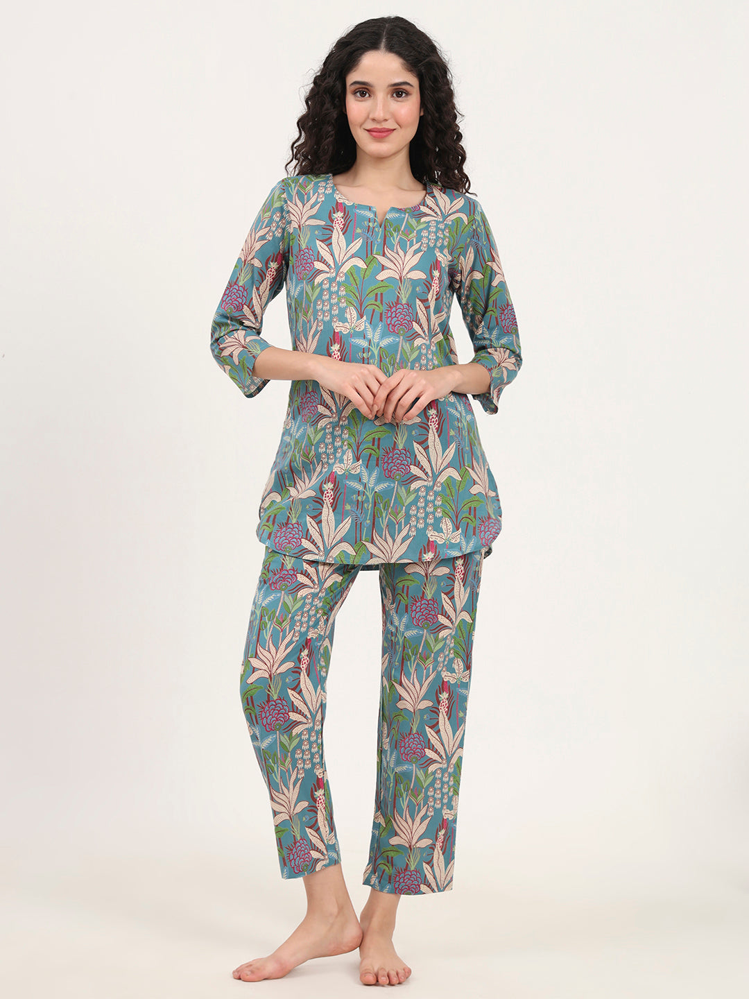 Teal Green Round Neck Cotton Night Suit