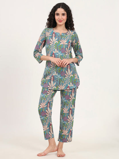 Teal Green Round Neck Cotton Night Suit