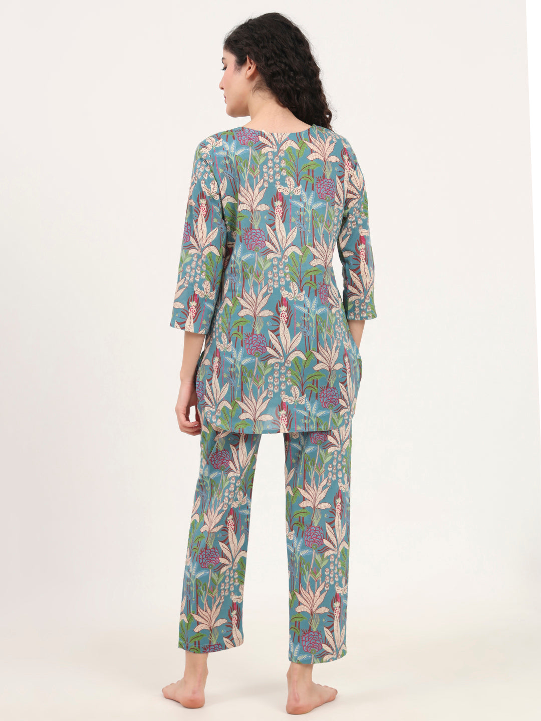 Teal Green Round Neck Cotton Night Suit