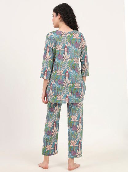 Teal Green Round Neck Cotton Night Suit
