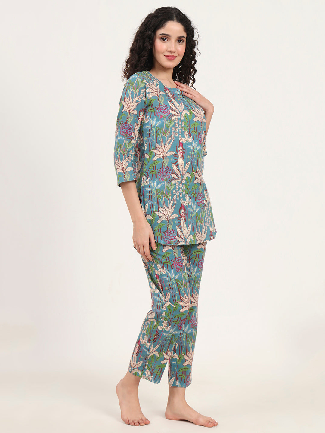 Teal Green Round Neck Cotton Night Suit