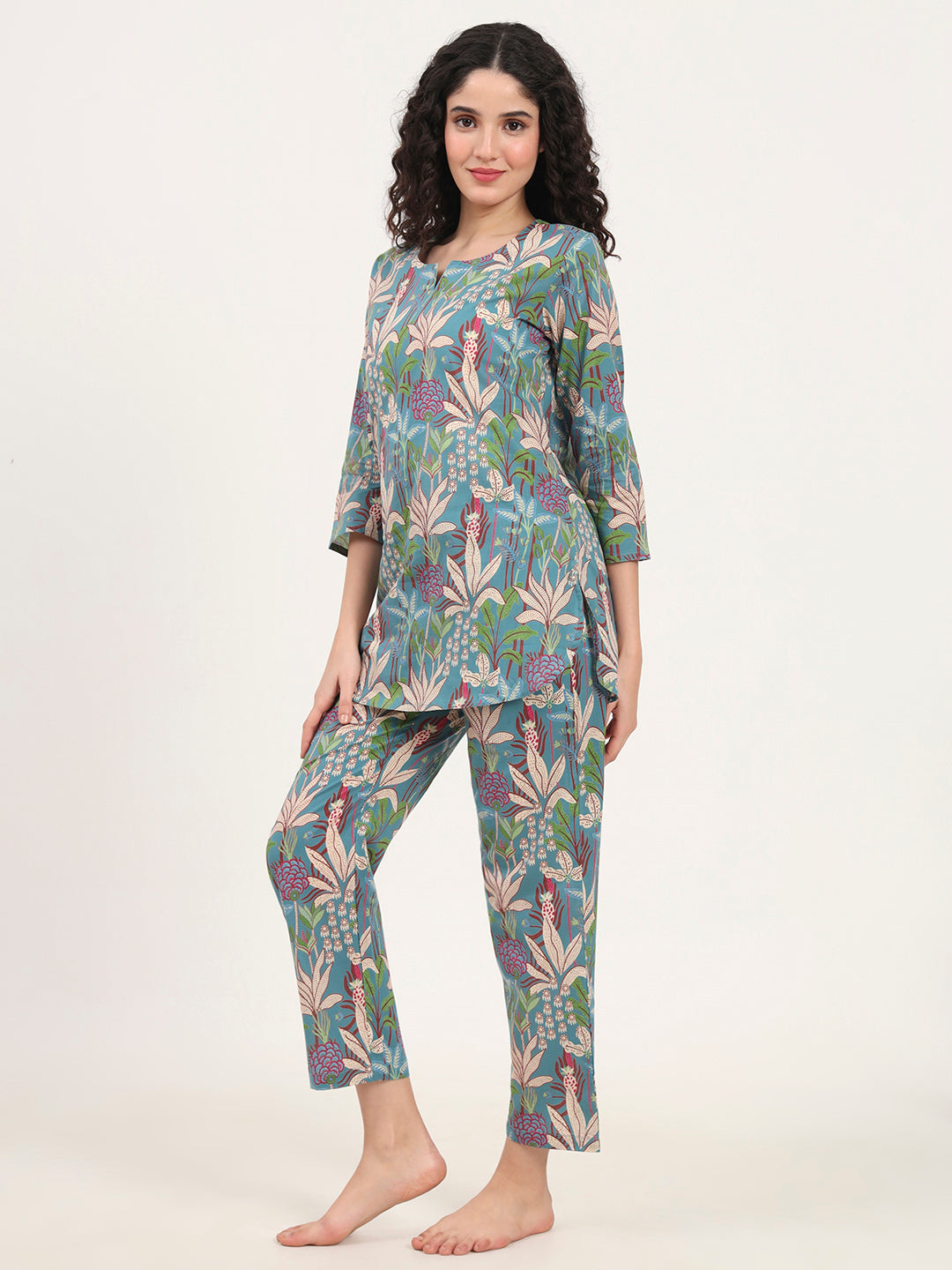 Teal Green Round Neck Cotton Night Suit