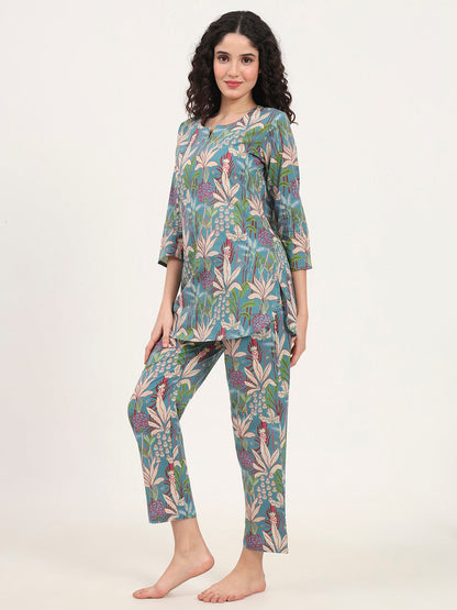 Teal Green Round Neck Cotton Night Suit