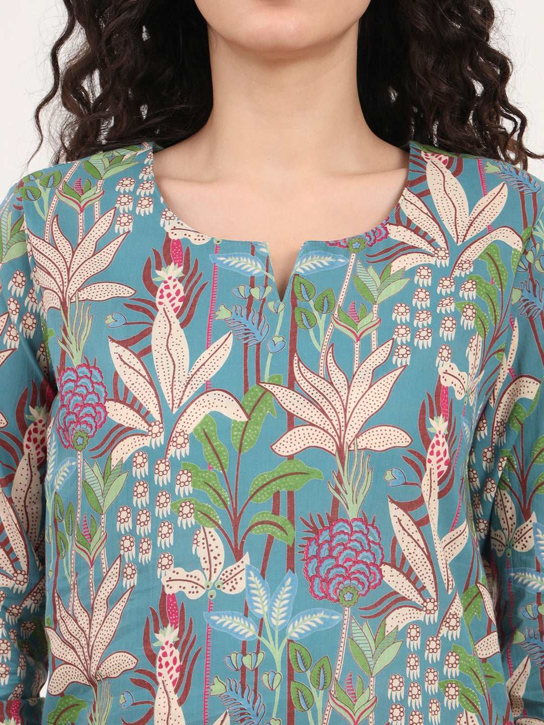 Teal Green Round Neck Cotton Night Suit