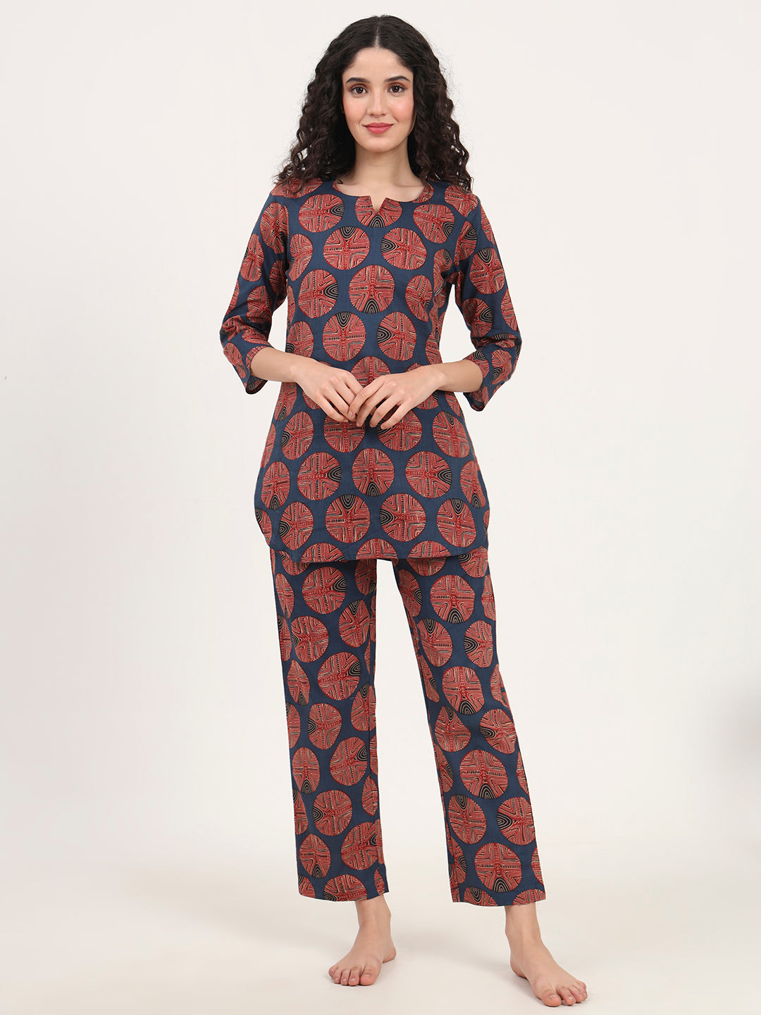 Navy Blue Round Neck Cotton Night Suit