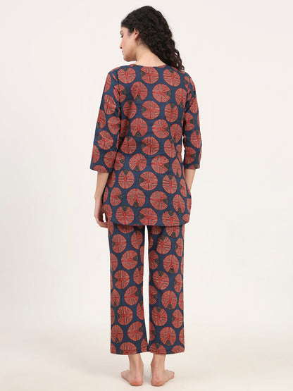 Navy Blue Round Neck Cotton Night Suit
