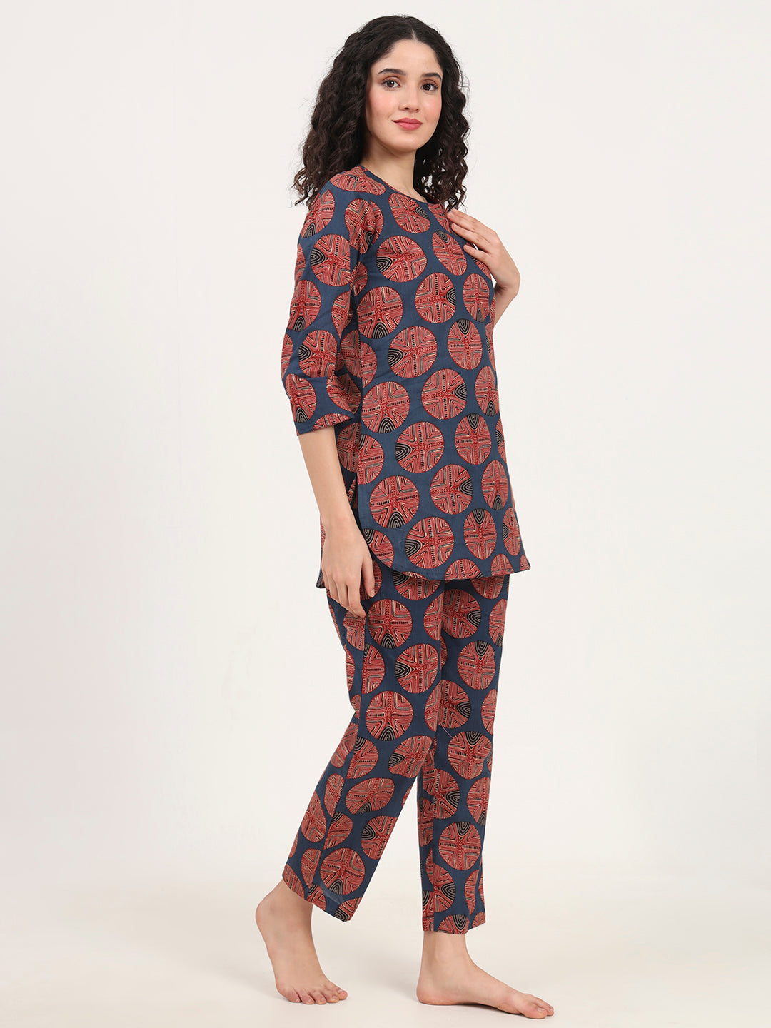 Navy Blue Round Neck Cotton Night Suit