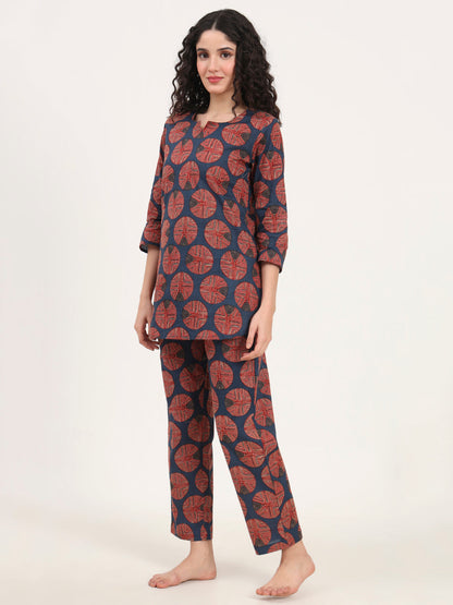 Navy Blue Round Neck Cotton Night Suit