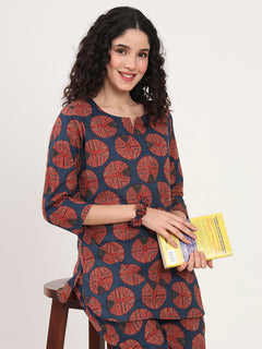 Navy Blue Round Neck Cotton Night Suit