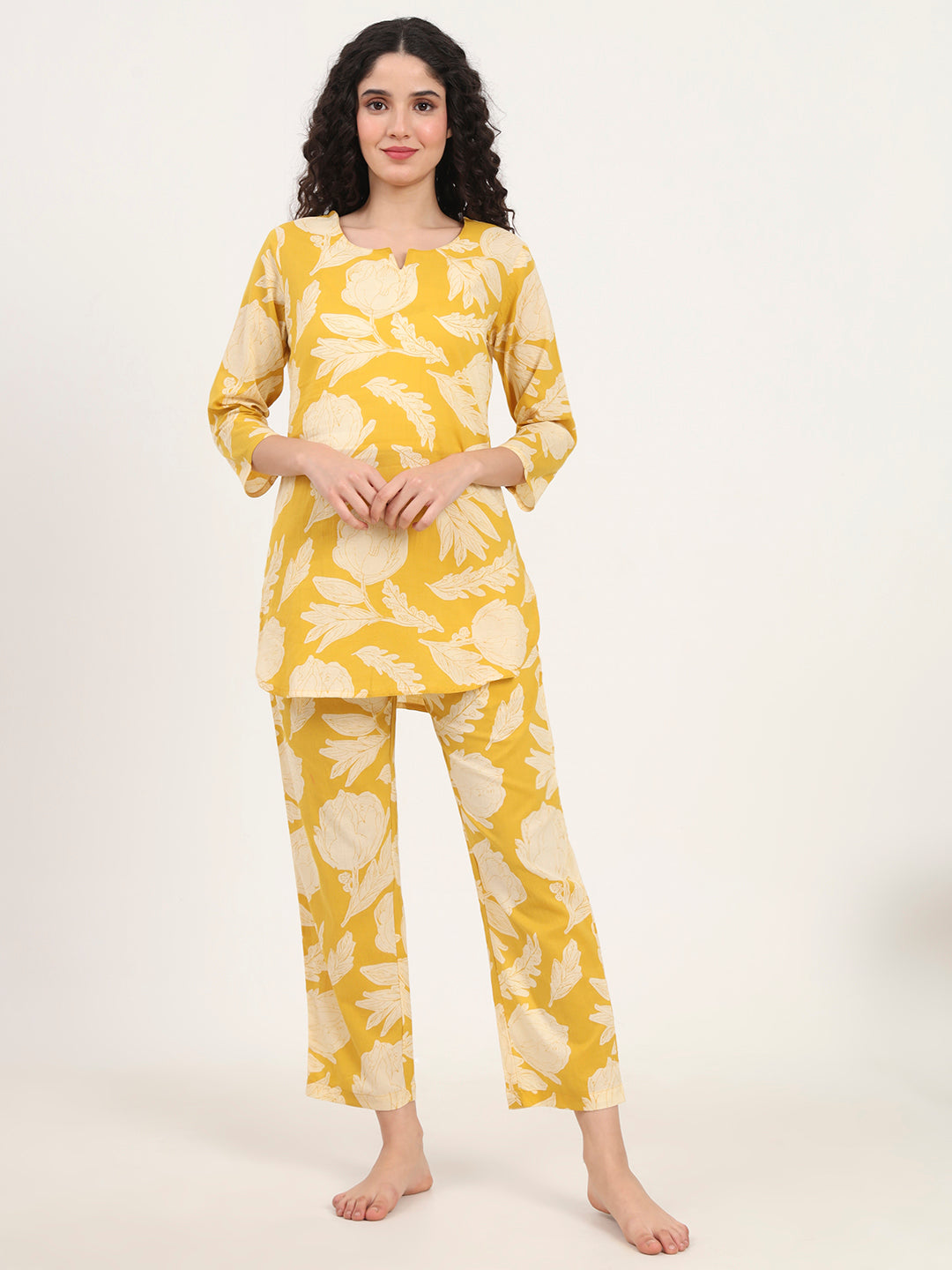 Yellow Round Neck Cotton Night Suit
