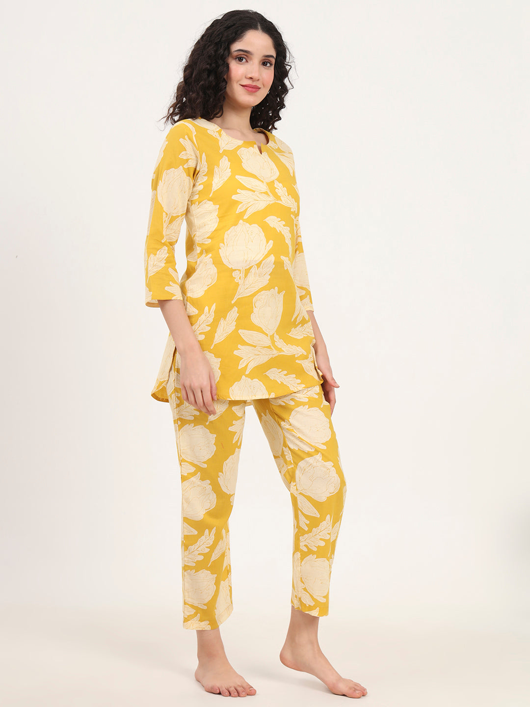 Yellow Round Neck Cotton Night Suit
