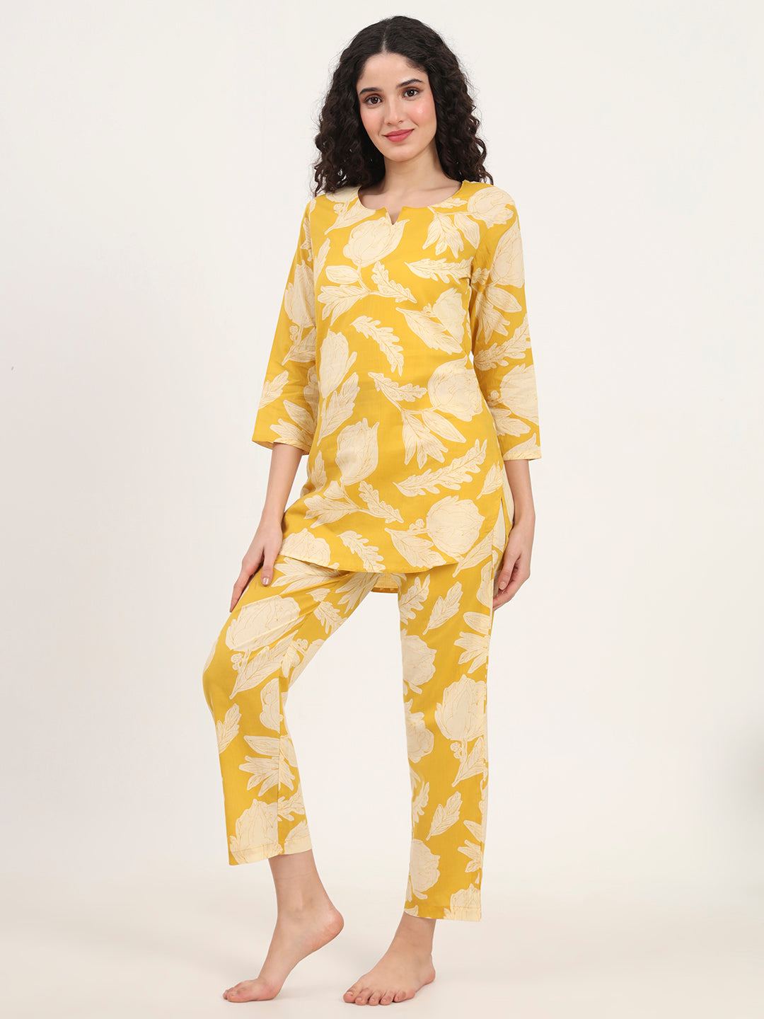 Yellow Round Neck Cotton Night Suit