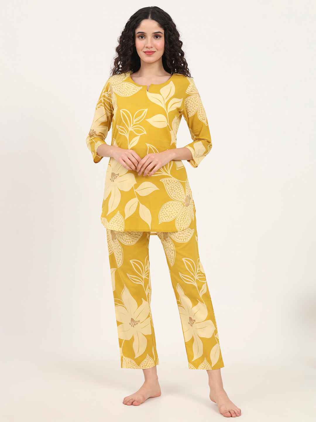 Mustard Round Neck Printed Cotton Night Suit