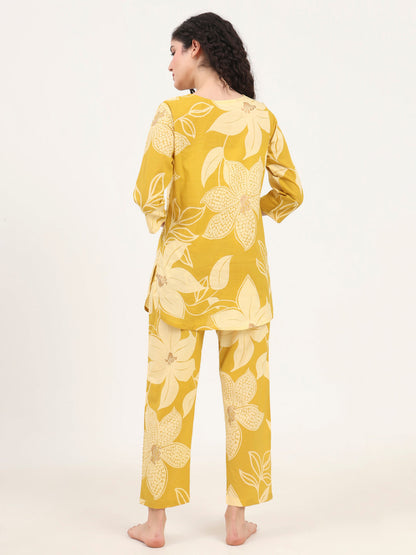 Mustard Round Neck Printed Cotton Night Suit