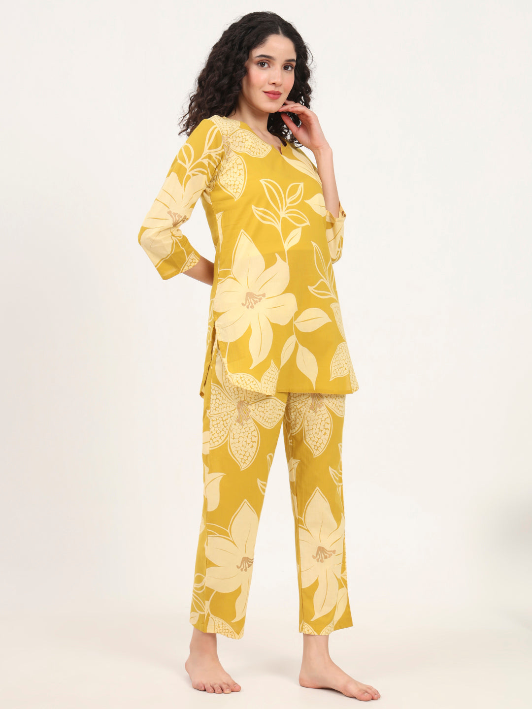 Mustard Round Neck Printed Cotton Night Suit