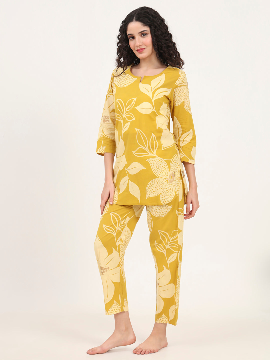 Mustard Round Neck Printed Cotton Night Suit