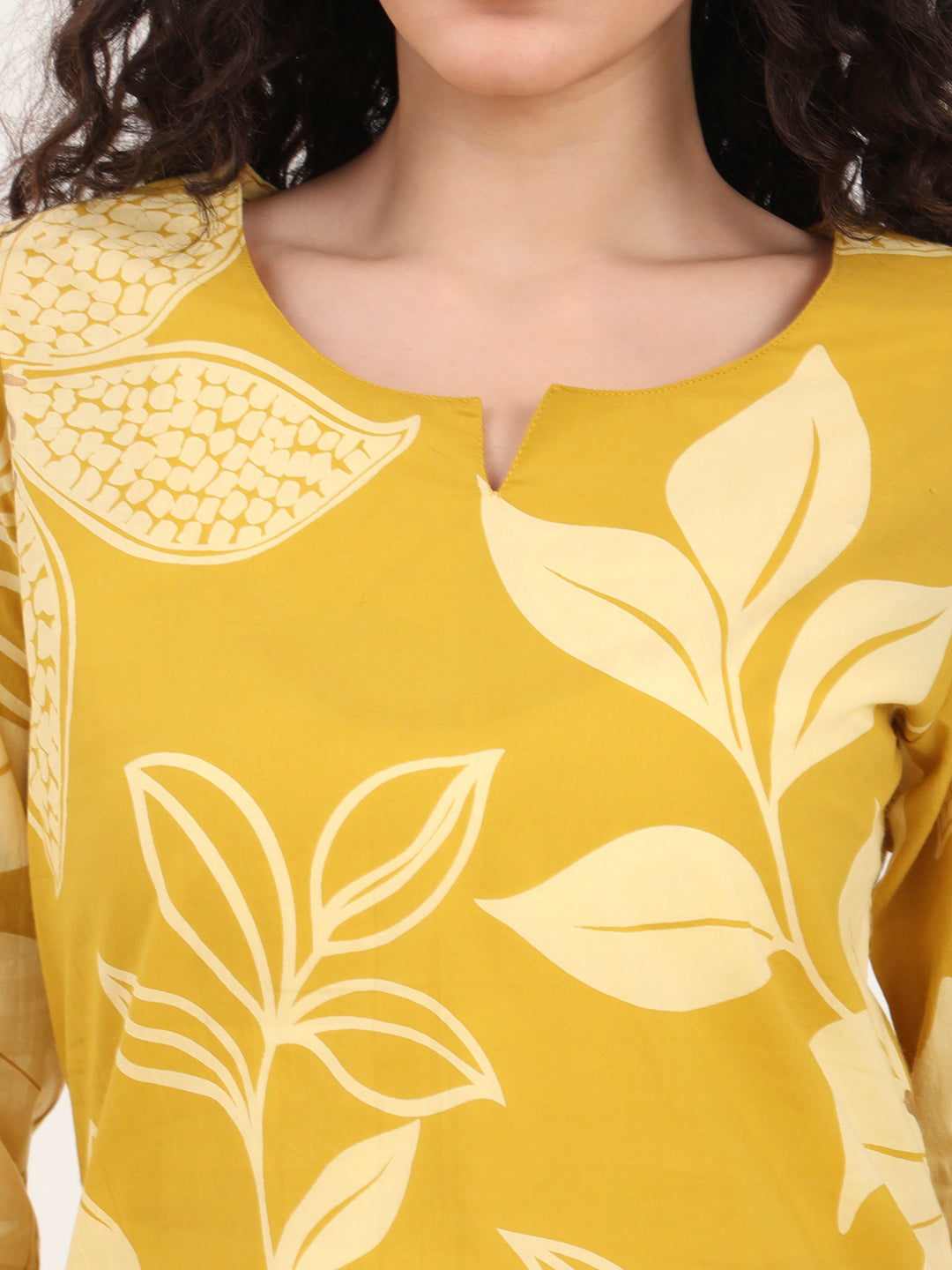 Mustard Round Neck Printed Cotton Night Suit