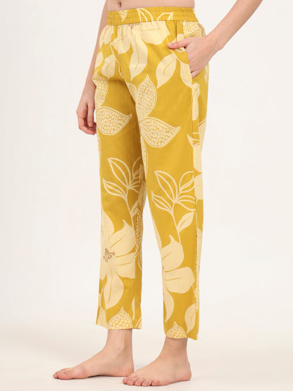 Mustard Round Neck Printed Cotton Night Suit
