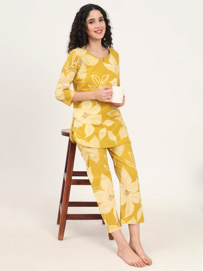 Mustard Round Neck Printed Cotton Night Suit