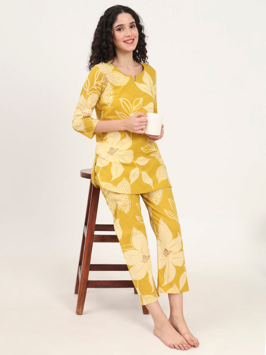 Mustard Round Neck Printed Cotton Night Suit