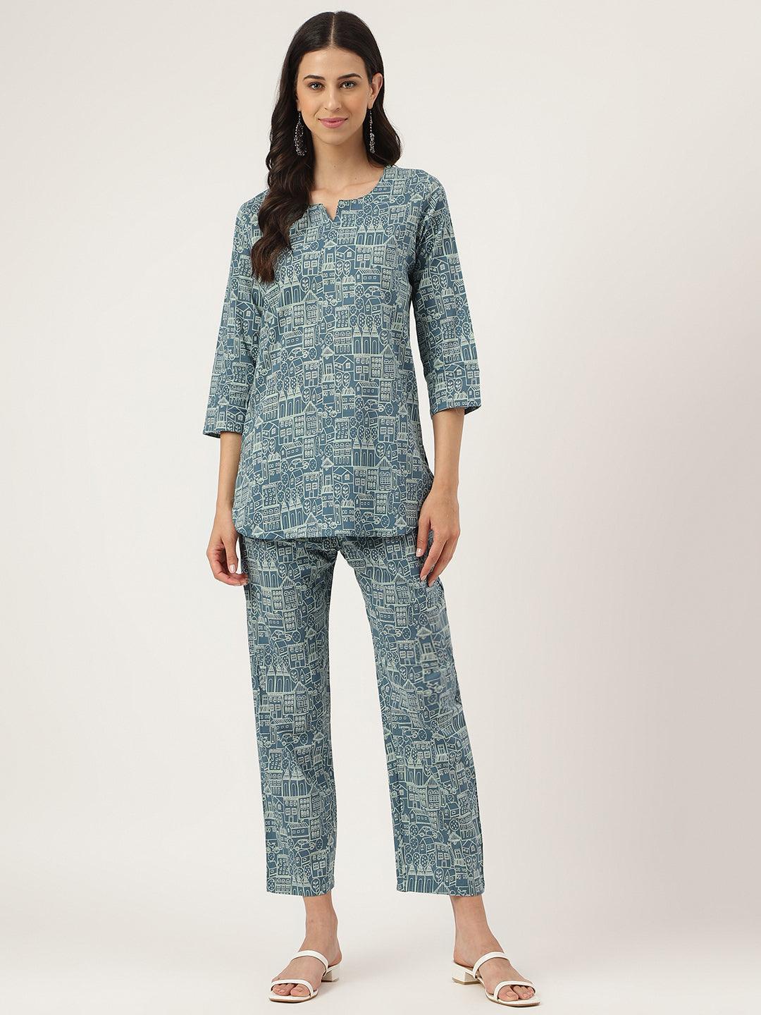 Teal Blue Printed Loungewear/Nightwear -  world