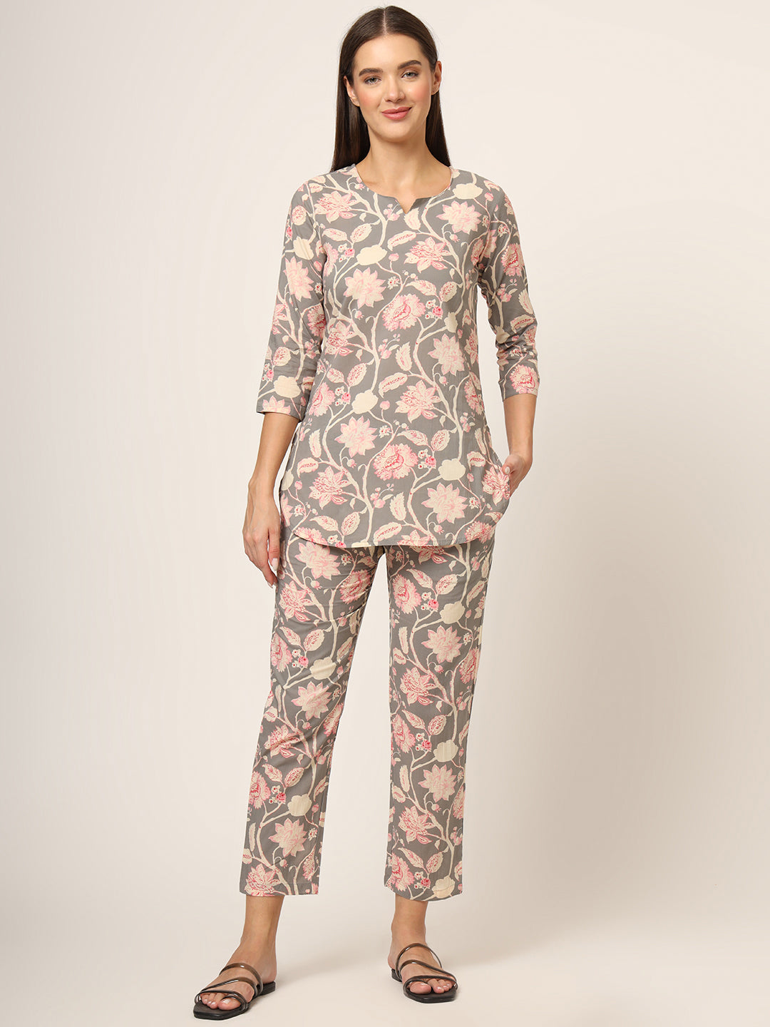 Grey Floral Print Cotton Regular Fit Night Suit