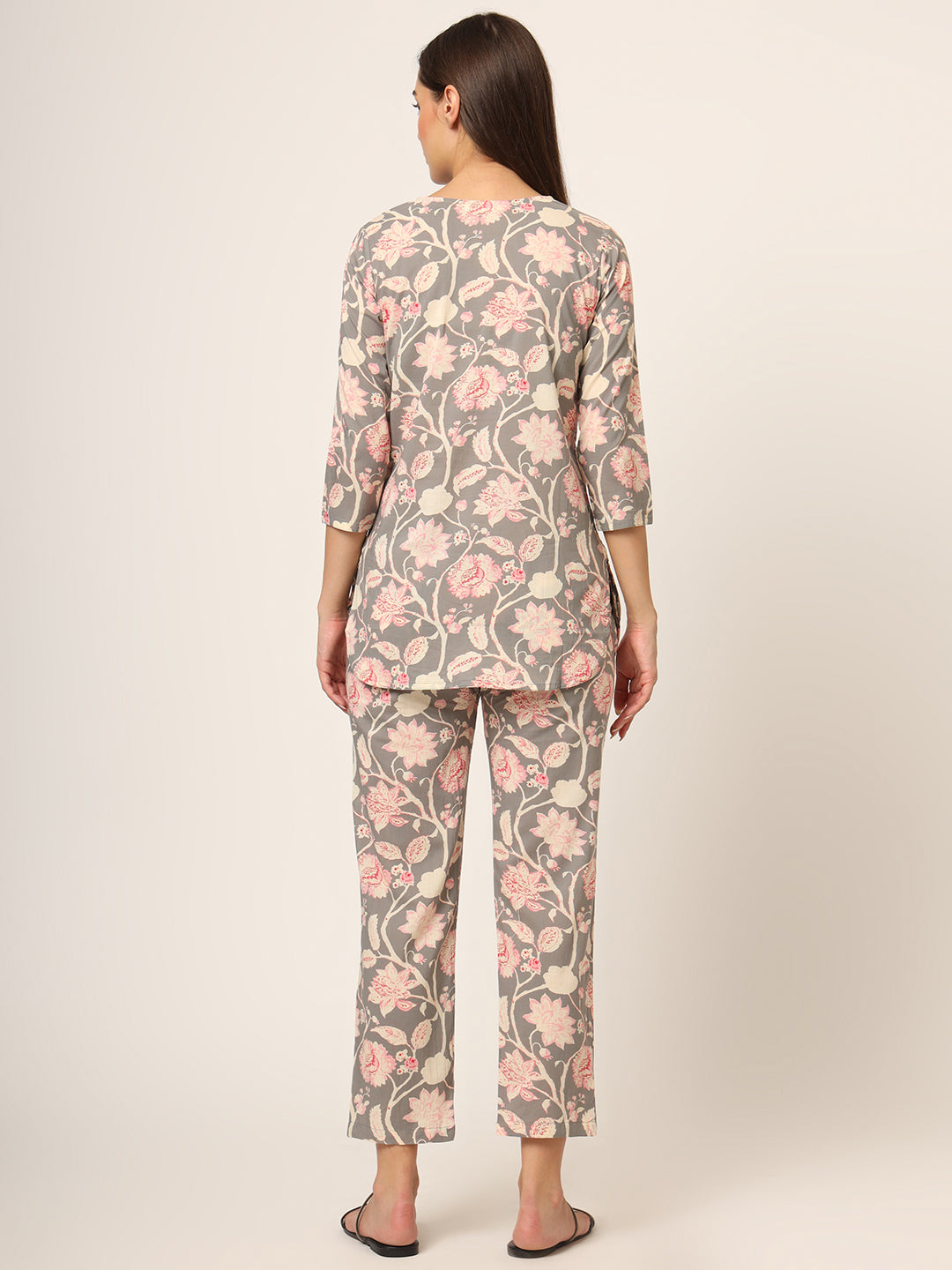 Grey Floral Print Cotton Regular Fit Night Suit