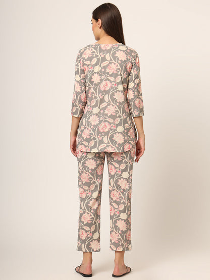 Grey Floral Print Cotton Regular Fit Night Suit